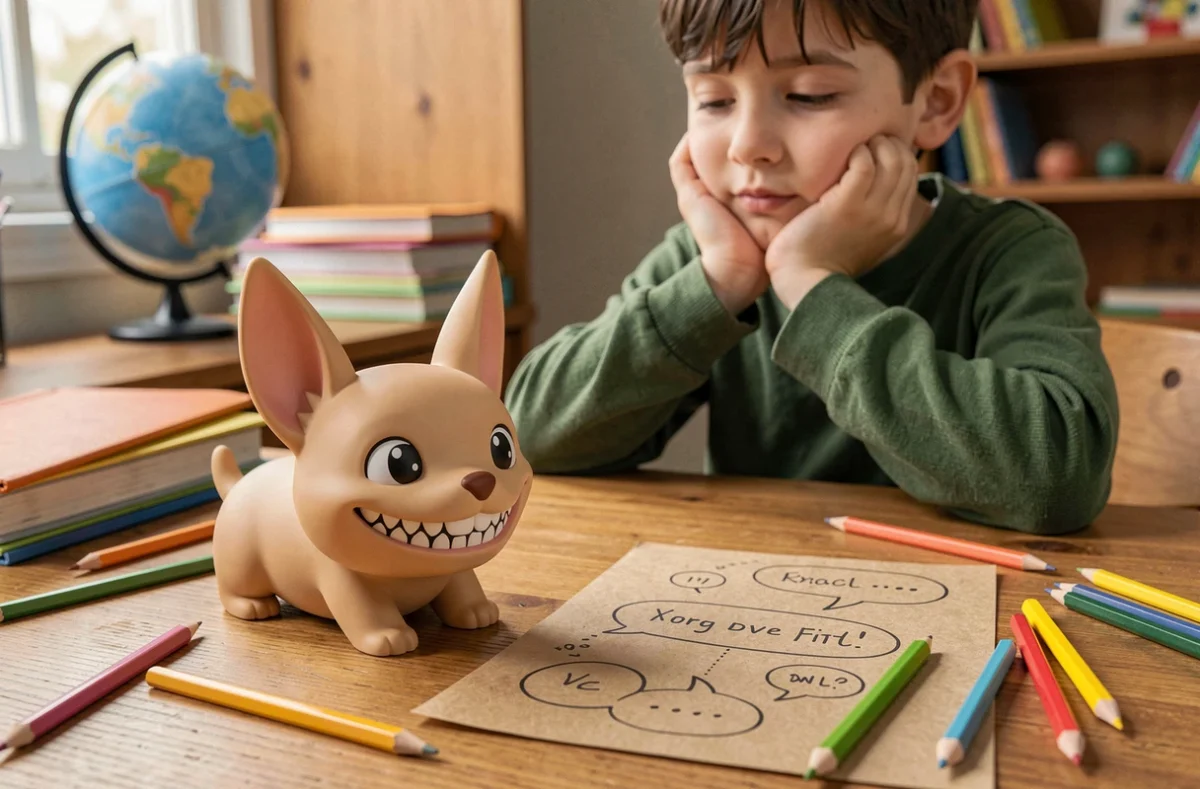 Un jouet Labubu posé sur un bureau d'enfant entouré de dessins et crayons de couleur, avec un garçon observant le personnage avec curiosité
