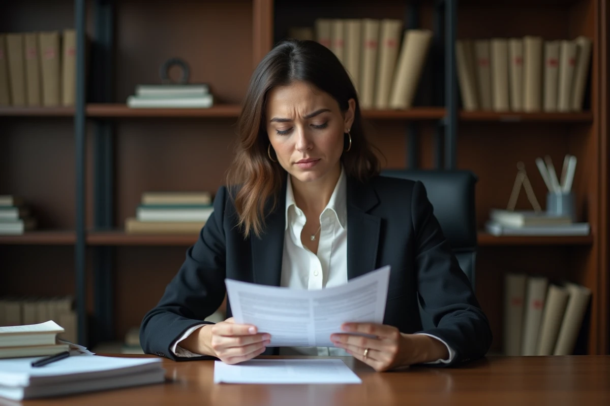 Femme professionnelle lisant une décision de justice de déboutement dans un cabinet d'avocats, tenant un courrier officiel du tribunal