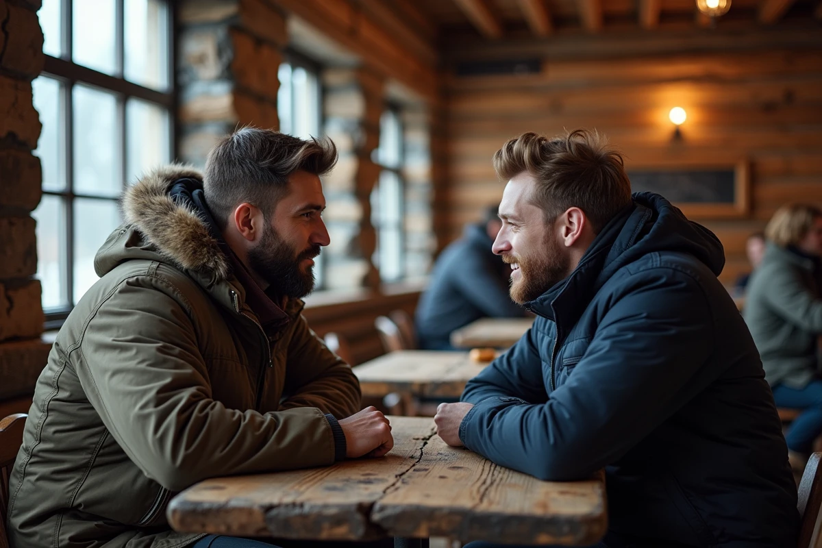 Deux jeunes hommes aux styles contrastés discutant dans une taverne scandinave rustique, illustrant la comparaison entre Kristoff et Hans dans La Reine des Neiges