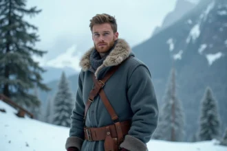 Jeune homme en tenue nordique rustique dans un paysage enneigé évoquant le personnage de Kristoff de La Reine des Neiges