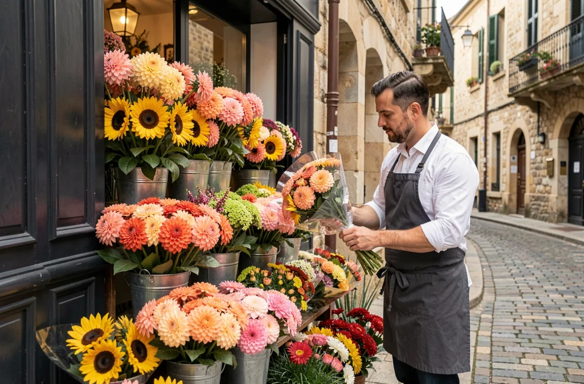 Devanture du Fleuriste à Bayonne avec des bouquets colorés exposés sur un étal devant la boutique
