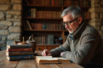 Homme lisant des livres et DVD de Lord of the Rings
