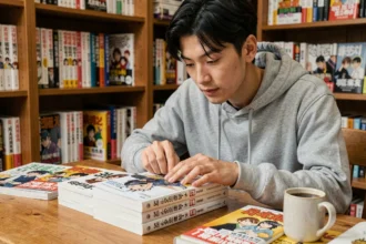 Jeune homme lisant des volumes de manhwa coréen à son bureau, entouré d'étagères remplies de bandes dessinées, atmosphère cosy et studieuse