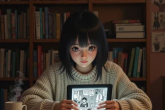 Jeune femme lisant des scans de yaoi sur une tablette dans sa chambre entourée de mangas