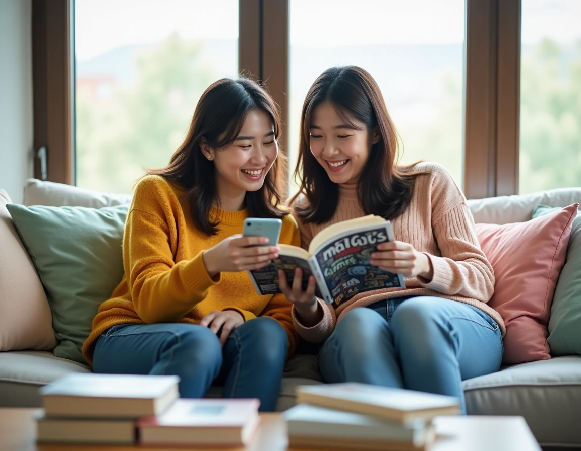 Deux jeunes femmes comparant la lecture de yaoi sur smartphone et en version physique dans un salon moderne