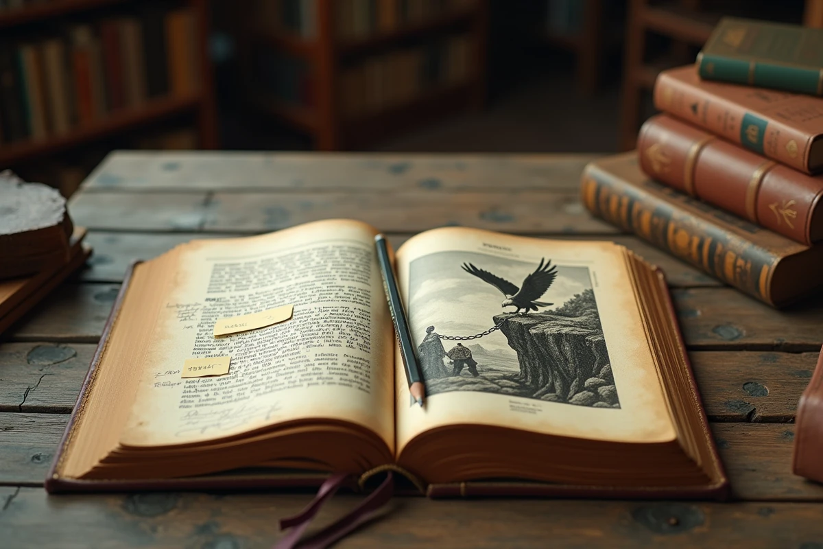 Manuel de mythologie grecque ouvert sur l'illustration du mythe de Prométhée enchaîné avec des annotations d'élève