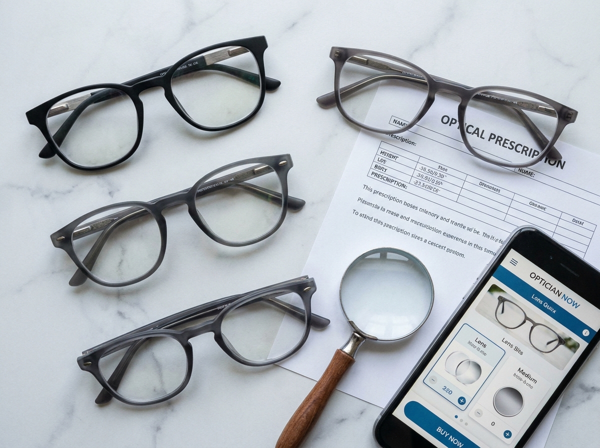 Vue de dessus de plusieurs paires de lunettes pas chères posées sur une surface en marbre avec une ordonnance optique et un smartphone