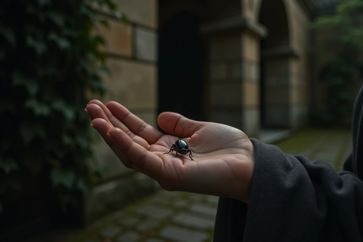Main de femme tenant un scarabée la nuit, signification spirituelle et symbolique du scarabée sacré