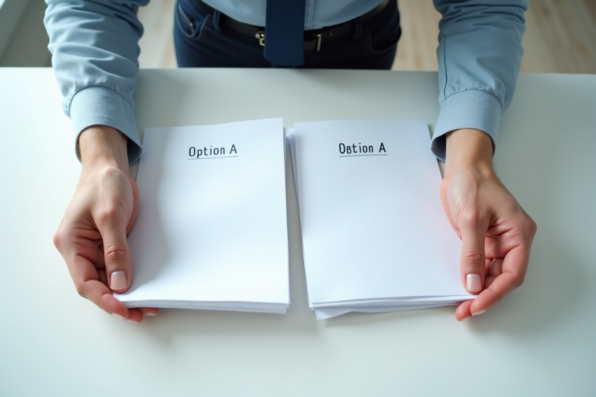 Mains tenant deux documents Option A et B sur une table lumineuse