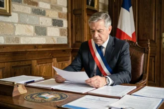 Maire français en écharpe tricolore dans son bureau à l'hôtel de ville, examinant des documents administratifs liés à sa rémunération
