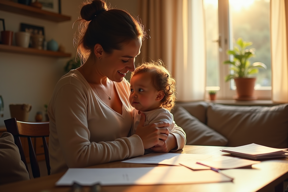 Maman souriante avec son bébé dans un salon lumineux