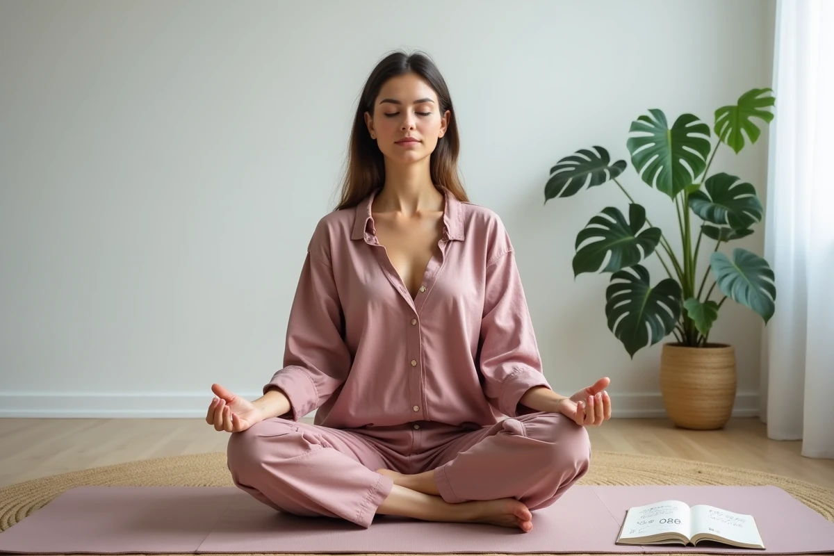 Jeune femme en méditation entourée de symboles spirituels et du nombre 0808 dans un appartement zen