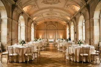 Salle de réception élégante dans les Hauts-de-France avec tables dressées, verrerie en cristal et décoration florale raffinée