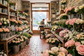 Intérieur coloré d'une boutique de fleuriste dans les Pyrénées-Atlantiques avec des bouquets variés et une ambiance artisanale