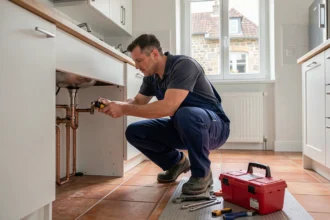 Plombier professionnel en Moselle intervenant sous un évier dans une cuisine moderne, avec ses outils et une boîte à outils rouge posés sur un tapis de protection