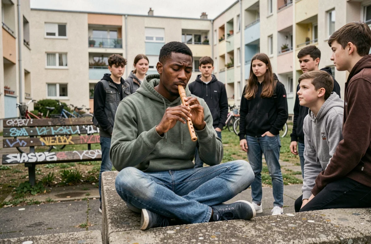 Jeune homme jouant de la flûte traditionnelle dans une cité urbaine entouré d'adolescents curieux