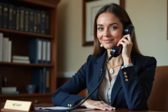 Notaire femme au téléphone dans son bureau pour une prise de rendez-vous avec un client