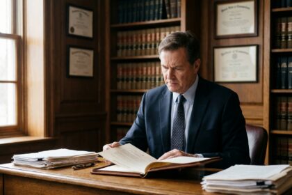 Notaire examinant un testament dans son bureau, illustrant le rôle de l'exécuteur testamentaire