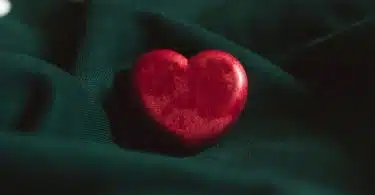 red heart ornament on green textile