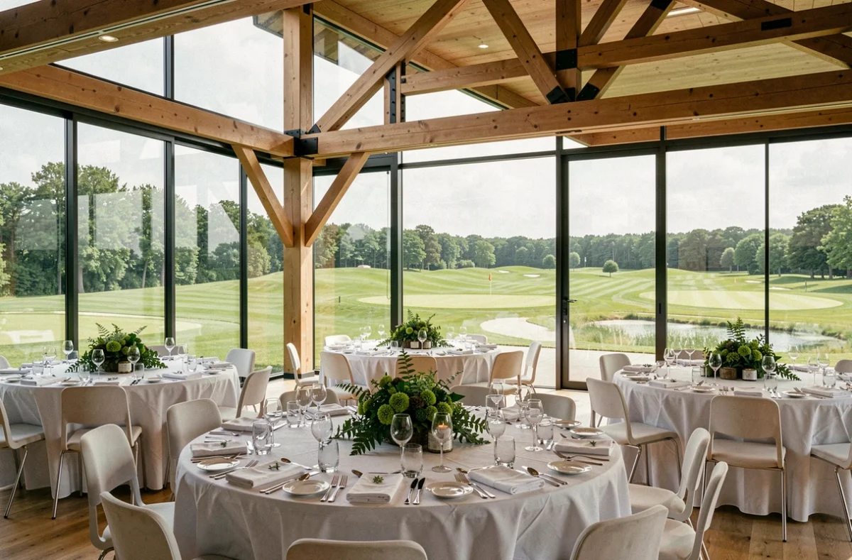 Salle de réception moderne de l'O'Green du Château d'Hem avec vue panoramique sur le parcours de golf