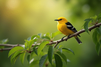 Oiseau oriol aux plumes colorées sur branche verte en lumière naturelle