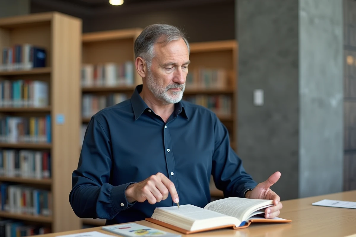 Homme dans une bibliothèque vérifiant les règles orthographiques du mot aller-retour dans un ouvrage de grammaire française