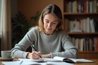 Femme consultant un dictionnaire français pour vérifier l'orthographe du mot aller-retour dans son bureau