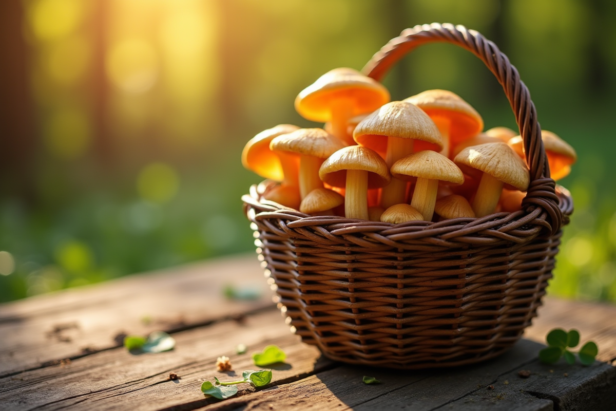 Petit panier de chanterelles sauvages en extérieur