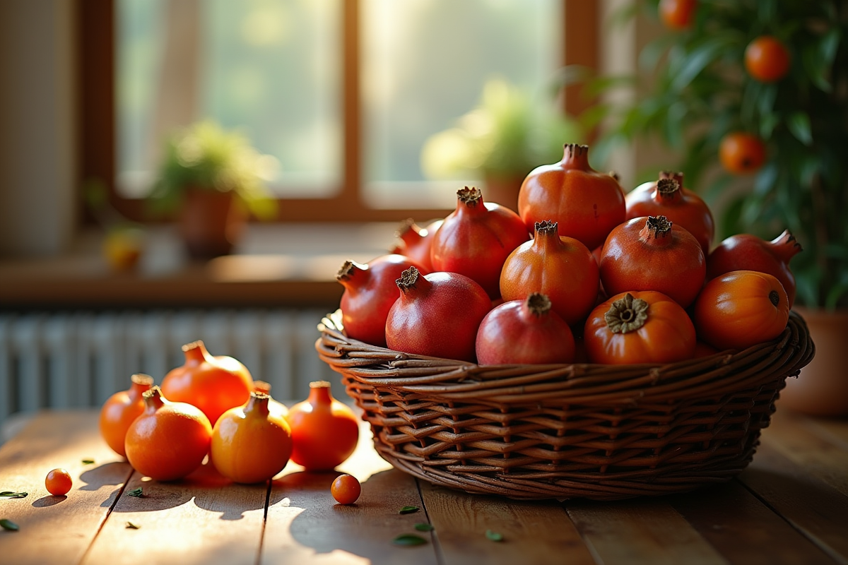 Panier en osier avec grenades et persimmons sur une table en bois