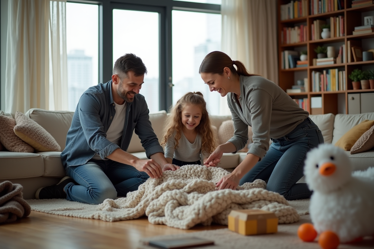 Parents et fille rangent le salon en famille