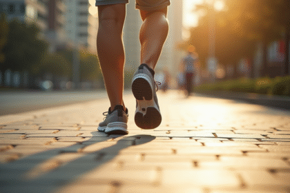 Jambes et pieds marchant sur un trottoir ensoleille avec compteur de pas