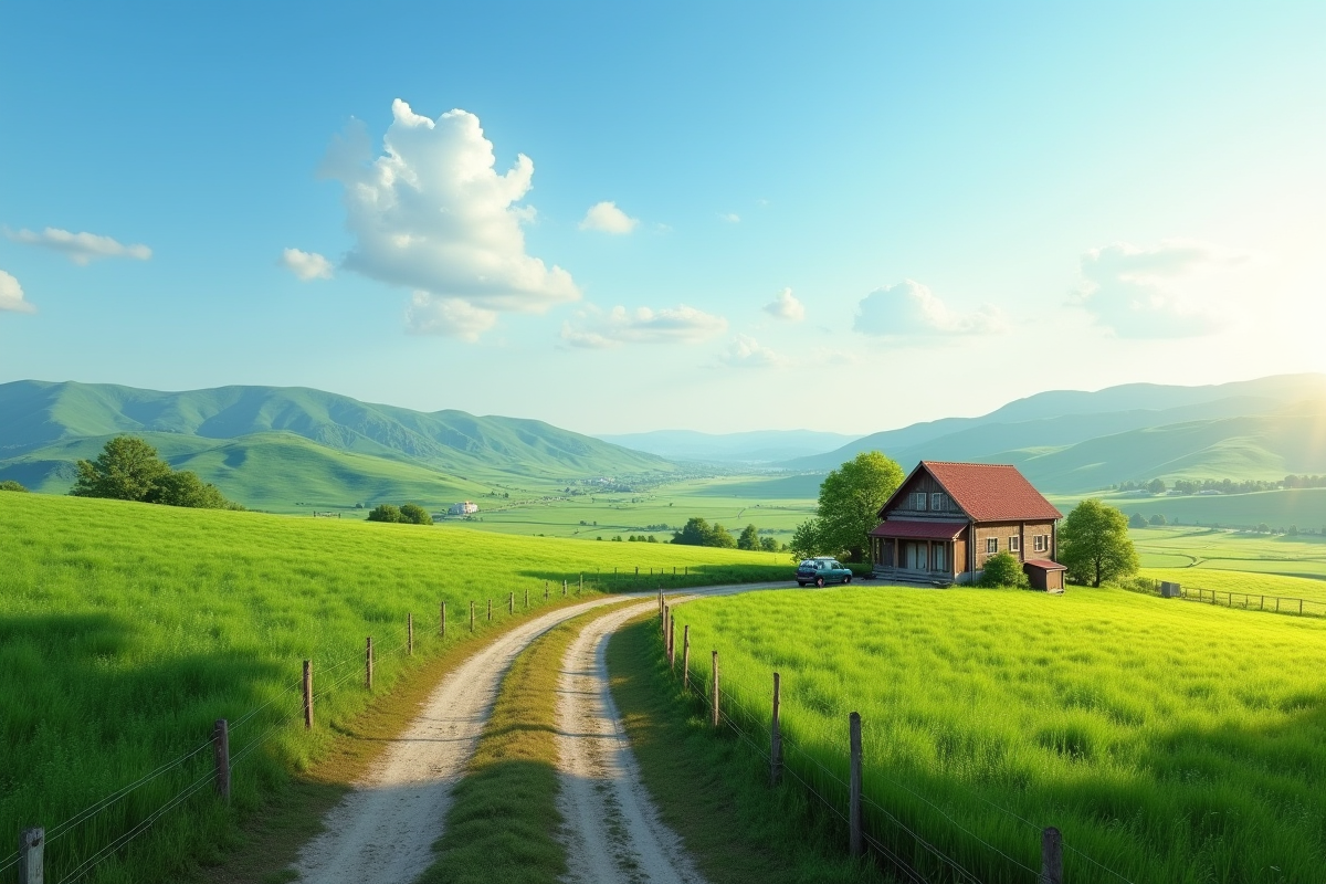 Paysage rural avec ferme champs et ciel bleu ensoleillé