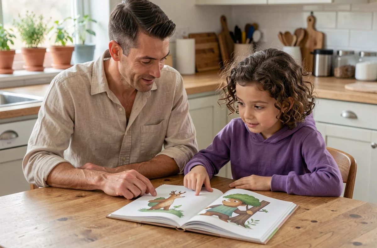 Un père et sa fille feuillettent ensemble un livre illustré pour mieux comprendre l'univers du personnage Labubu