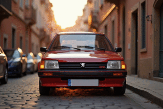 Peugeot 308 GTI stationnée sur une vieille rue européenne au lever du soleil