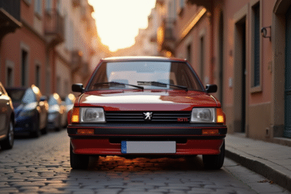 Peugeot 308 GTI stationnée sur une vieille rue européenne au lever du soleil