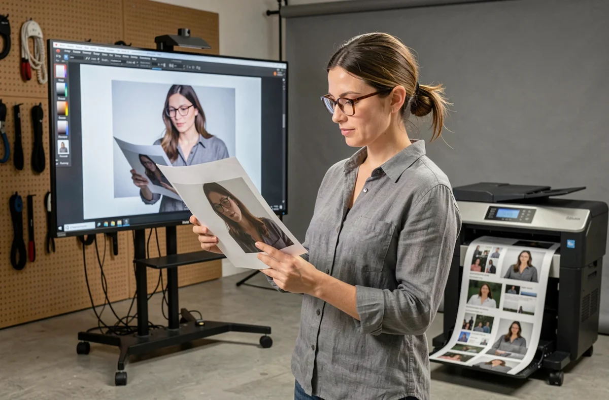 Photographe professionnelle comparant un tirage photo avec son écran calibré dans un studio équipé d'une imprimante grand format