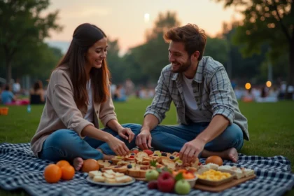 Couple installé sur une couverture pour un pique-nique avec plateau de fromages, fruits et sandwichs lors du feu d'artifice de Villeneuve d'Ascq