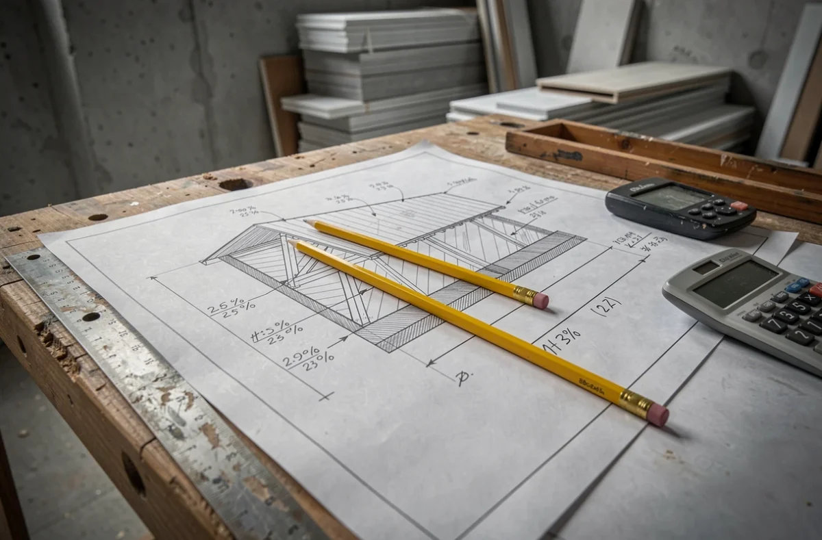 Plan de toiture annoté avec calcul de pente en degrés et en pourcentage sur un bureau de chantier