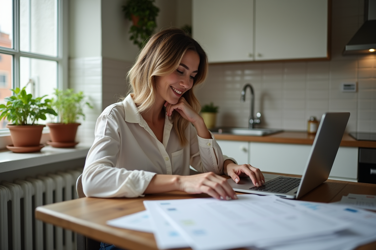 Femme planifiant un repas avec ordinateur et listes