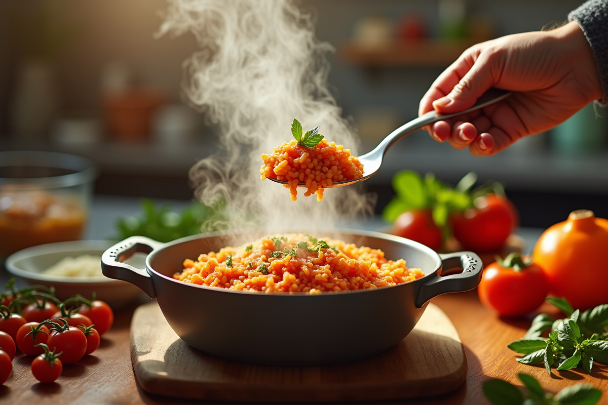 Main servant un risotto au chorizo dans un Cookeo dans une cuisine colorée
