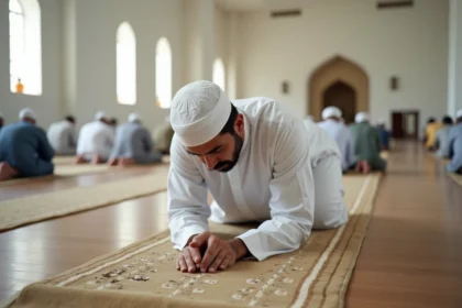 Homme en djellaba blanche priant sur un tapis de prière dans une mosquée de Bezons pendant le Ramadan