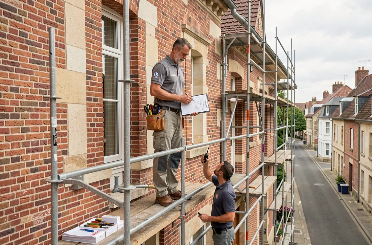 Entrepreneur multi-travaux de Pro Facade coordonnant un chantier de rénovation sur l'échafaudage d'une maison en brique mosellane, avec clipboard et outillage