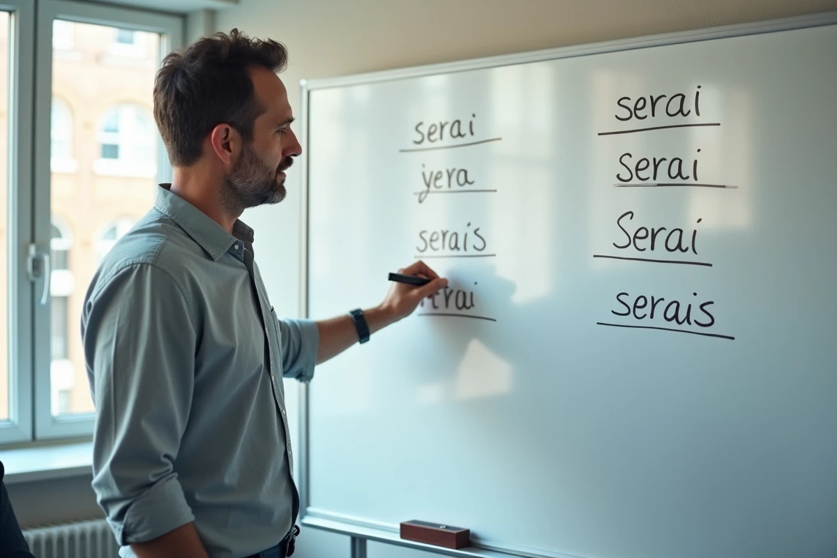 Professeur expliquant la conjugaison française devant un tableau blanc en salle de classe