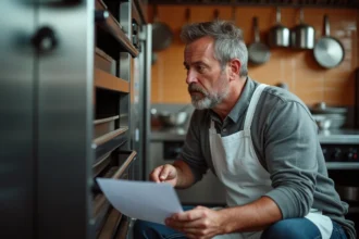 Propriétaire de restaurant examinant un équipement de cuisine professionnel avec une facture à la main