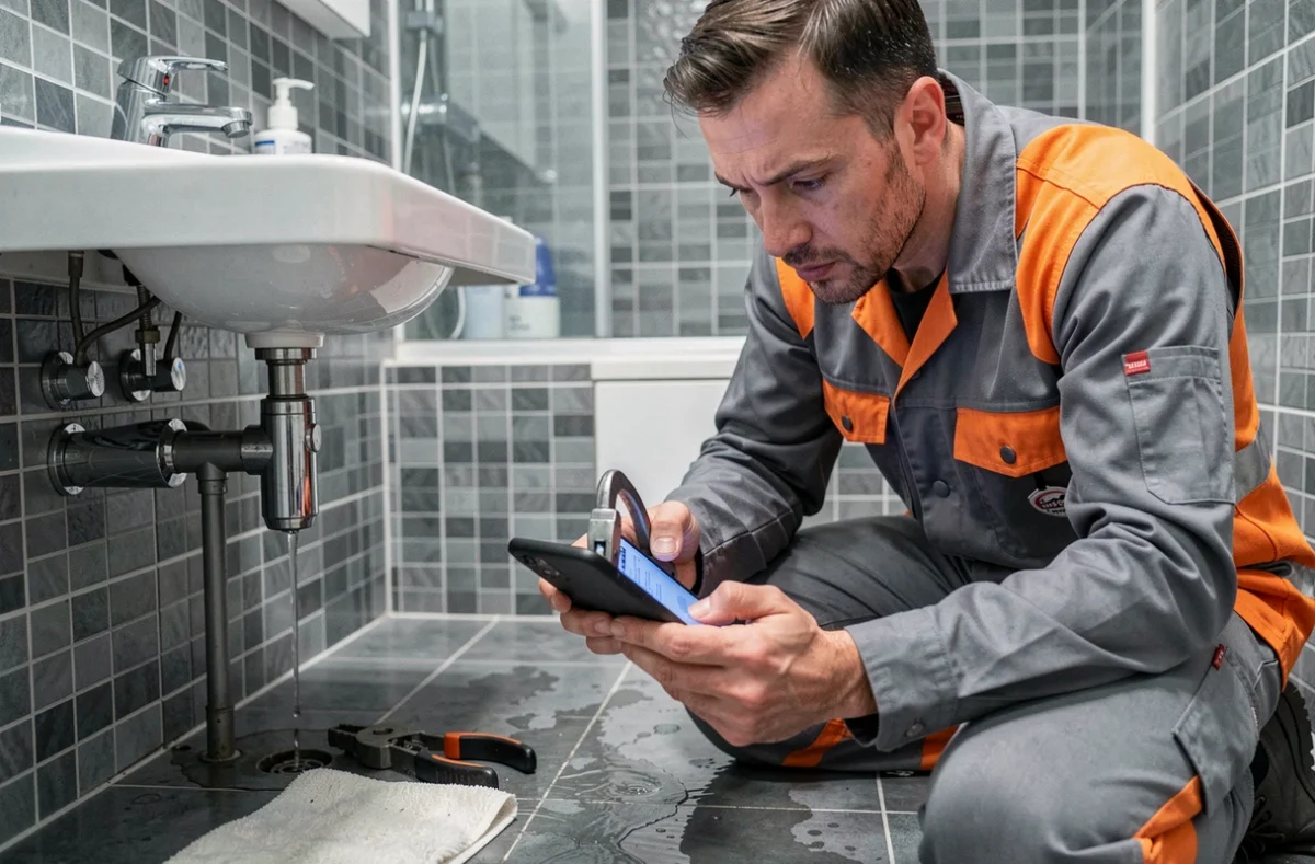 Technicien de Proxy Panne intervenant en urgence sur une fuite sous un meuble vasque dans un appartement de Metz, avec de l'eau visible sur le carrelage