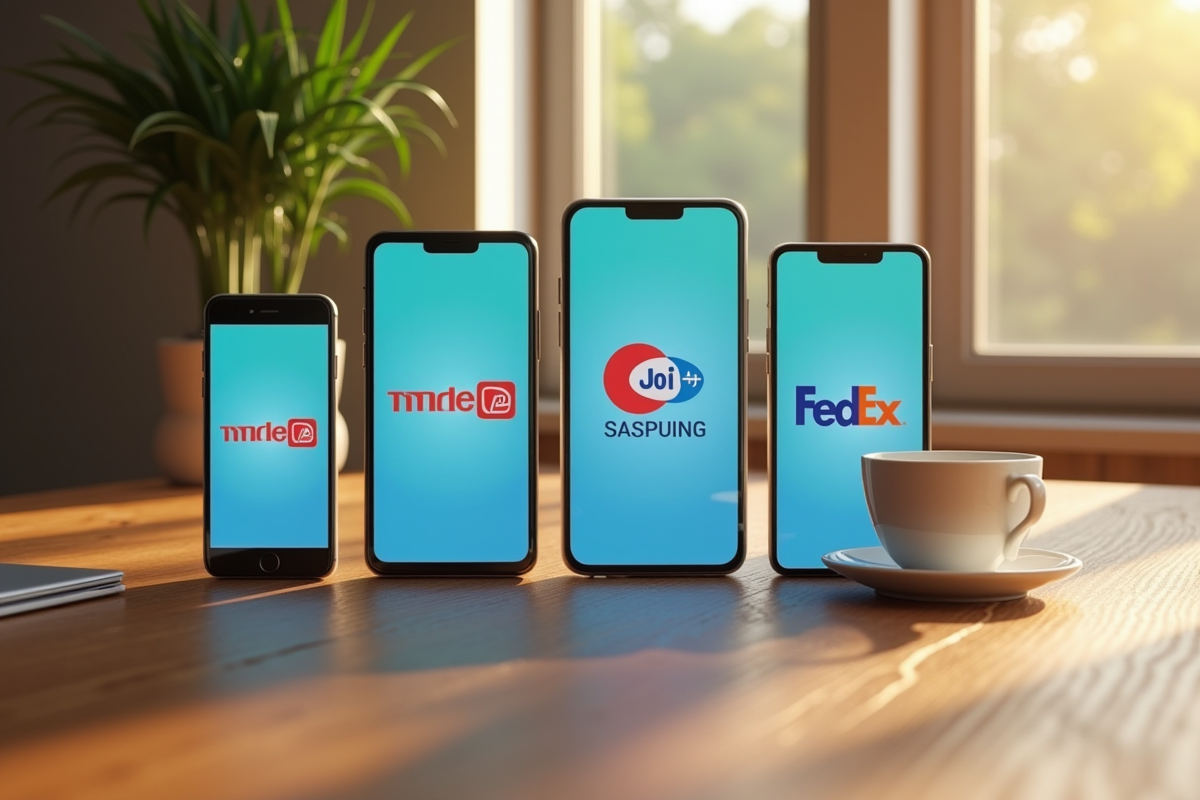 Quatre smartphones affichant logos d
