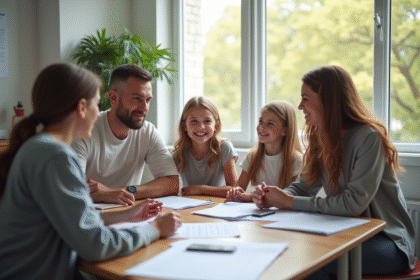 Famille heureuse avec assistante sociale dans un bureau moderne