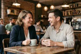 Femme mature et jeune homme partageant un café en tête-à-tête dans un bistrot parisien chaleureux, illustrant une rencontre entre générations sur JM Cougars