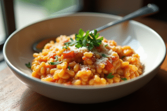 Risotto crémeux au chorizo dans un bol blanc avec persil