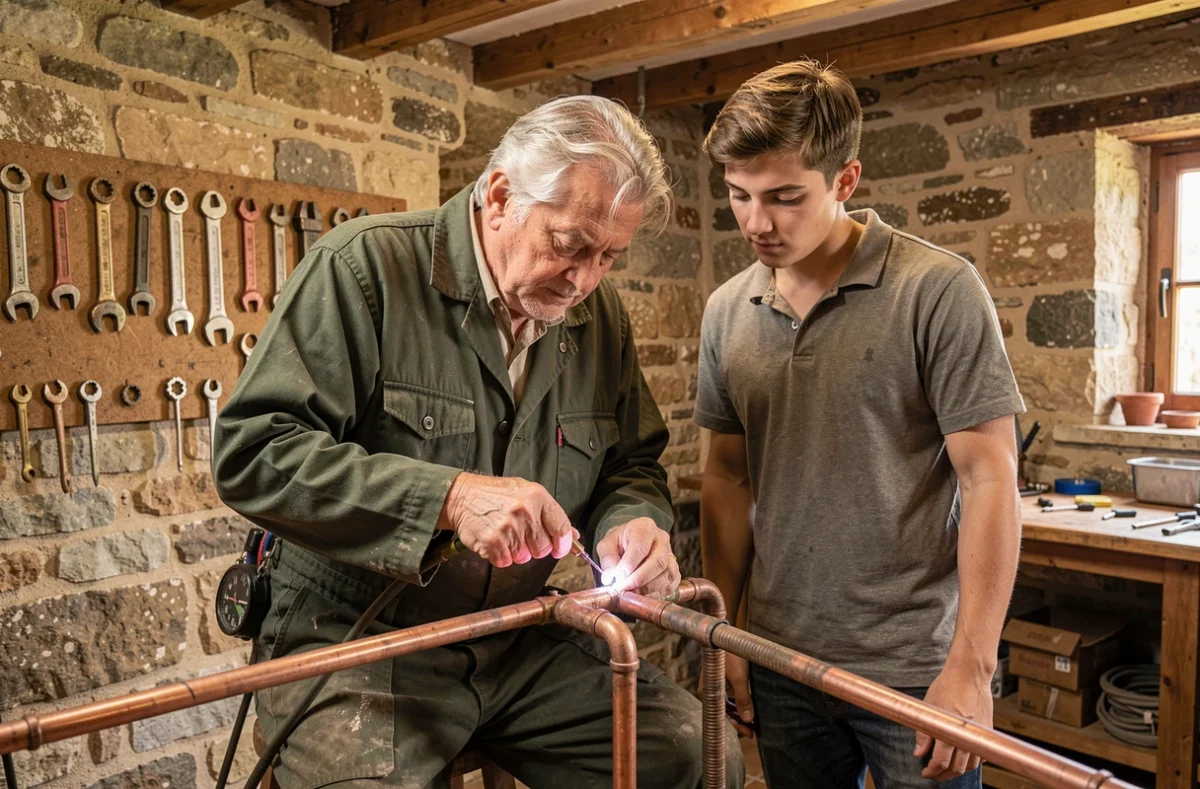 Maître plombier chevronné de Roger Maire et Fils soudant un raccord en cuivre dans un atelier en pierre à Marly, accompagné d'un jeune apprenti